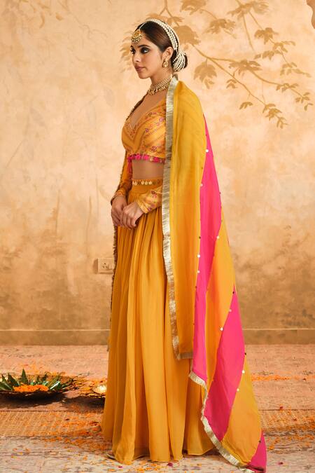 Buy_Blooming Threads_Yellow Crepe, Organza Sequins, Embroidery, Tassels, Gota Solid Lehenga Set _Online_at_Aza_Fashions