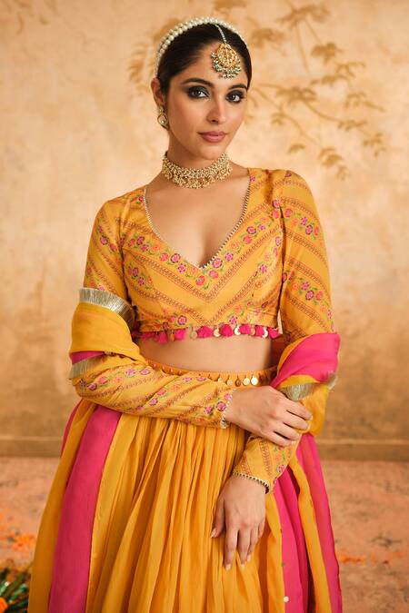Shop_Blooming Threads_Yellow Crepe, Organza Sequins, Embroidery, Tassels, Gota Solid Lehenga Set _Online_at_Aza_Fashions