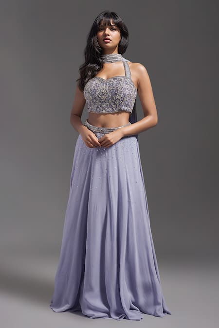 MAISOLOS Purple Georgette Hand Embroidered Sequin Halter Neck Lehenga Set 