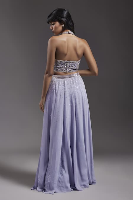 Shop Maisolos Purple Georgette Sequins, Beads Halter Neck Hand Embroidered Lehenga Set at Aza Fashions Shop_Maisolos_Purple Georgette Sequins, Beads Halter Neck Hand Embroidered Lehenga Set _at_Aza_Fashions