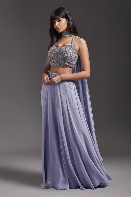 Maisolos Purple Georgette Sequins, Beads Halter Neck Hand Embroidered Lehenga Set Online at Aza Fashions Maisolos_Purple Georgette Sequins, Beads Halter Neck Hand Embroidered Lehenga Set _Online_at_Aza_Fashions