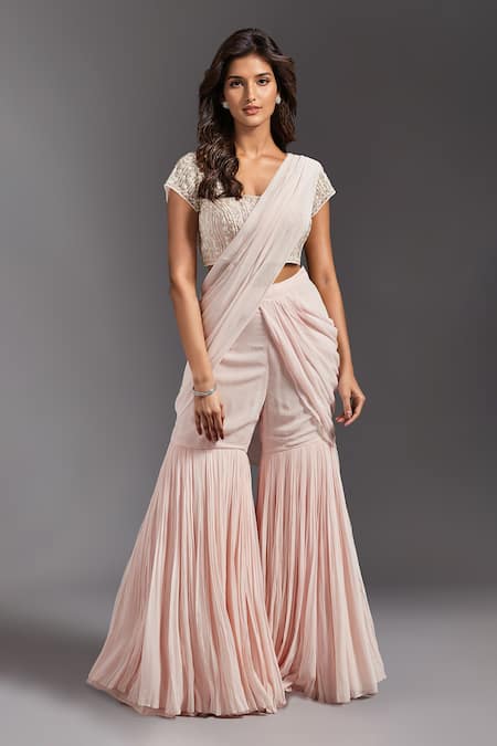 MAISOLOS Solid Pre-Draped Sharara Saree With Embroidered Blouse 