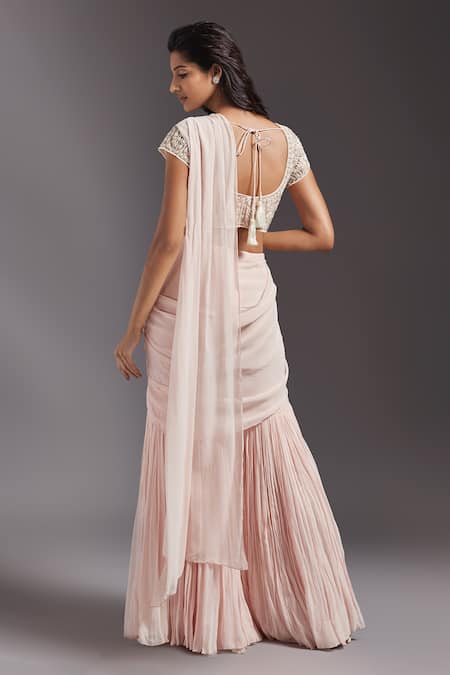 Shop Maisolos Pink Georgette, Net Solid Pre-draped Sharara Saree With Embroidered Blouse at Aza Fashions Shop_Maisolos_Pink Georgette, Net Solid Pre-draped Sharara Saree With Embroidered Blouse _at_Aza_Fashions