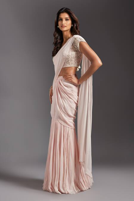 Maisolos Pink Georgette, Net Solid Pre-draped Sharara Saree With Embroidered Blouse Online at Aza Fashions Maisolos_Pink Georgette, Net Solid Pre-draped Sharara Saree With Embroidered Blouse _Online_at_Aza_Fashions
