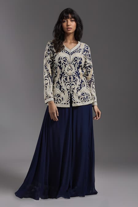 MAISOLOS Contrast Embroidered Jacket With Sharara 