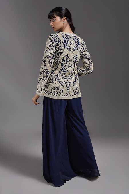 Shop Maisolos Blue Net Embroidery V-neck Contrast Jacket With Sharara at Aza Fashions Shop_Maisolos_Blue Net Embroidery V-neck Contrast Jacket With Sharara _at_Aza_Fashions