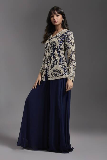 Maisolos Blue Net Embroidery V-neck Contrast Jacket With Sharara Online at Aza Fashions Maisolos_Blue Net Embroidery V-neck Contrast Jacket With Sharara _Online_at_Aza_Fashions