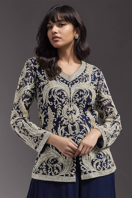 Buy Maisolos Blue Net Embroidery V-neck Contrast Jacket With Sharara Online at Aza Fashions Buy_Maisolos_Blue Net Embroidery V-neck Contrast Jacket With Sharara _Online_at_Aza_Fashions
