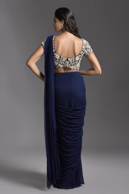 Shop_Maisolos_Blue Georgette, Net Cut Work, Embroidery Solid Pre-draped Saree With Blouse _at_Aza_Fashions