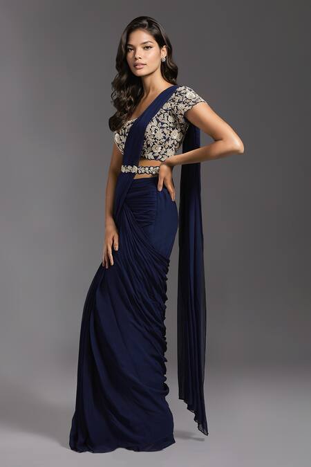 Maisolos_Blue Georgette, Net Cut Work, Embroidery Solid Pre-draped Saree With Blouse _Online_at_Aza_Fashions