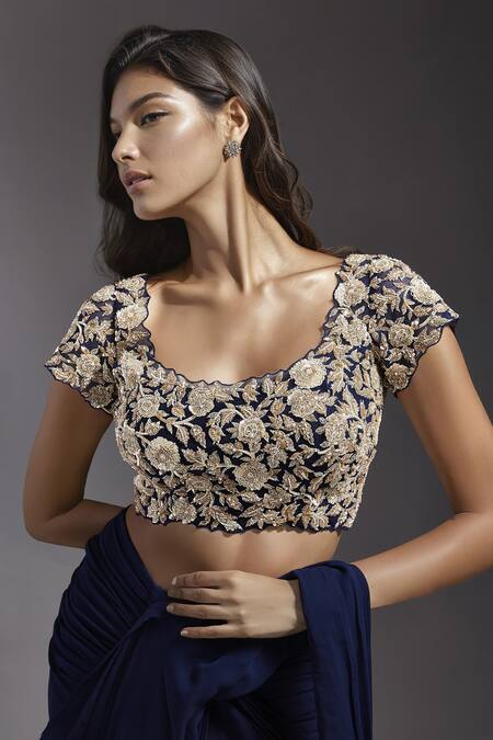 Buy_Maisolos_Blue Georgette, Net Cut Work, Embroidery Solid Pre-draped Saree With Blouse _Online_at_Aza_Fashions