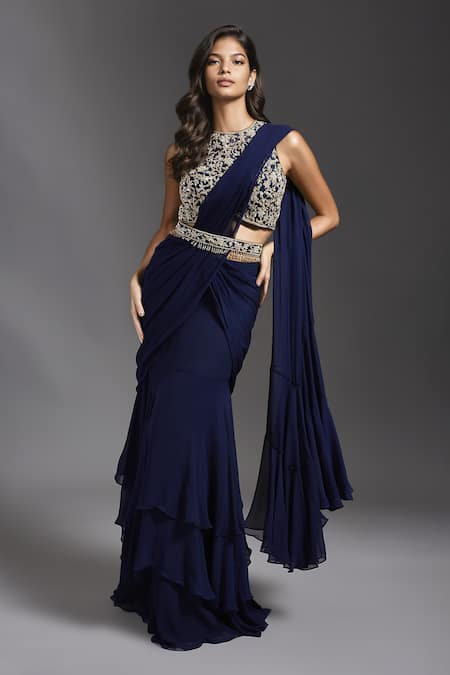 MAISOLOS Solid Pre-Draped Ruffle Saree With Blouse 