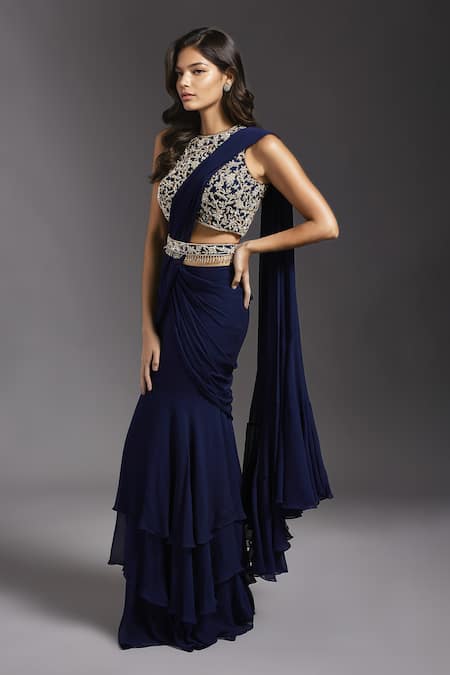Shop Maisolos Blue Georgette, Net Embroidery Round Solid Pre-draped Ruffle Saree With Blouse at Aza Fashions Shop_Maisolos_Blue Georgette, Net Embroidery Round Solid Pre-draped Ruffle Saree With Blouse _at_Aza_Fashions