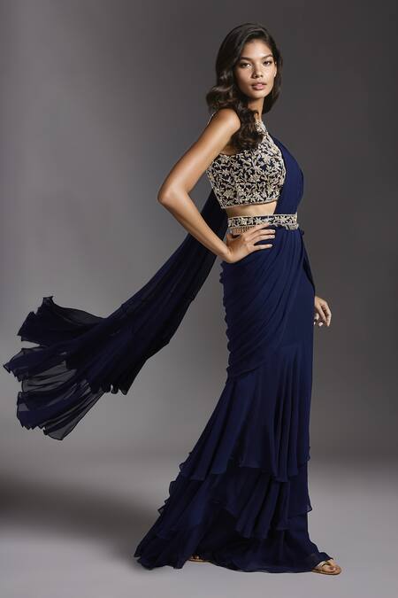 Maisolos Blue Georgette, Net Embroidery Round Solid Pre-draped Ruffle Saree With Blouse Online at Aza Fashions Maisolos_Blue Georgette, Net Embroidery Round Solid Pre-draped Ruffle Saree With Blouse _Online_at_Aza_Fashions