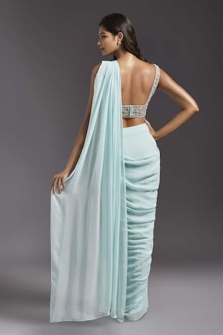 Shop Maisolos Blue Georgette, Net Embroidery Square Neck Solid Pre-draped Saree With Blouse at Aza Fashions Shop_Maisolos_Blue Georgette, Net Embroidery Square Neck Solid Pre-draped Saree With Blouse _at_Aza_Fashions