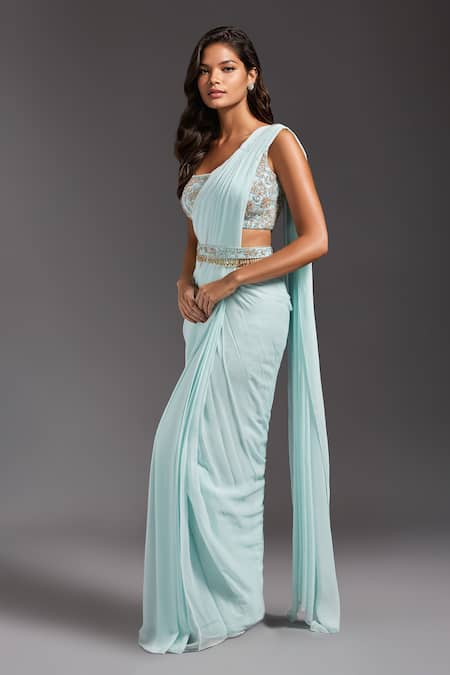 Maisolos Blue Georgette, Net Embroidery Square Neck Solid Pre-draped Saree With Blouse Online at Aza Fashions Maisolos_Blue Georgette, Net Embroidery Square Neck Solid Pre-draped Saree With Blouse _Online_at_Aza_Fashions