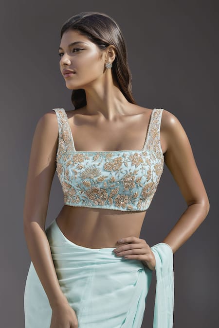 Buy Maisolos Blue Georgette, Net Embroidery Square Neck Solid Pre-draped Saree With Blouse Online at Aza Fashions Buy_Maisolos_Blue Georgette, Net Embroidery Square Neck Solid Pre-draped Saree With Blouse _Online_at_Aza_Fashions