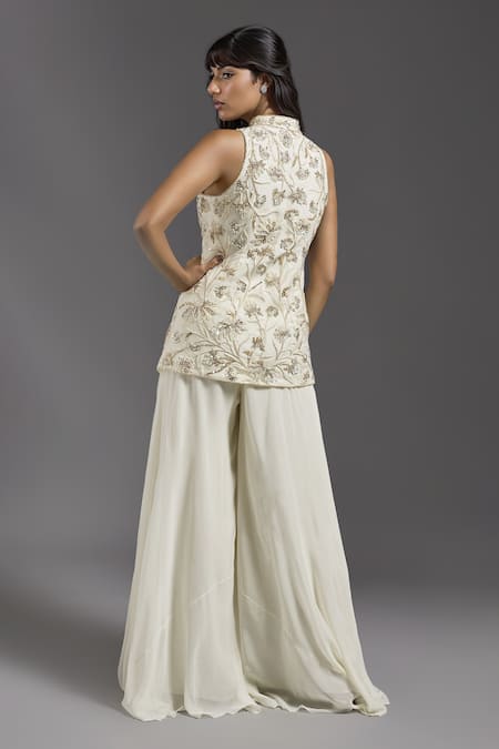 Shop Maisolos Ivory Net, Georgette Embroidery Floral Veil Pattern Hand Jacket With Sharara at Aza Fashions Shop_Maisolos_Ivory Net, Georgette Embroidery Floral Veil Pattern Hand Jacket With Sharara _at_Aza_Fashions