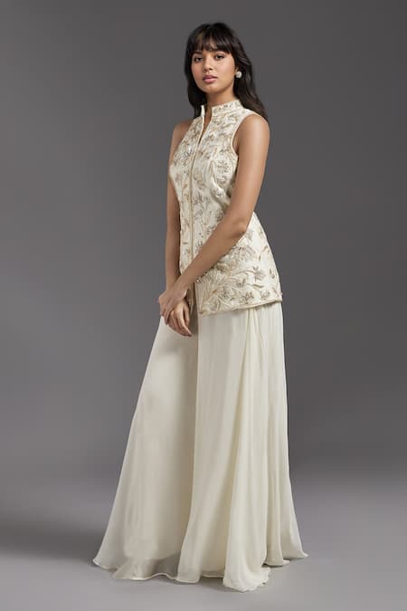 Maisolos Ivory Net, Georgette Embroidery Floral Veil Pattern Hand Jacket With Sharara Online at Aza Fashions Maisolos_Ivory Net, Georgette Embroidery Floral Veil Pattern Hand Jacket With Sharara _Online_at_Aza_Fashions