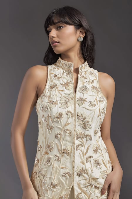 Buy Maisolos Ivory Net, Georgette Embroidery Floral Veil Pattern Hand Jacket With Sharara Online at Aza Fashions Buy_Maisolos_Ivory Net, Georgette Embroidery Floral Veil Pattern Hand Jacket With Sharara _Online_at_Aza_Fashions