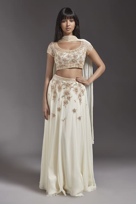 MAISOLOS Ivory Blouse Net Hand Embroidered Floral Round Scattered Lehenga Set 