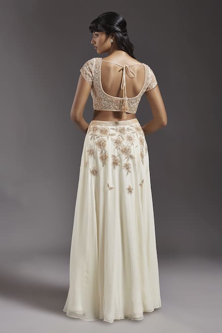 Shop Maisolos Ivory Net, Georgette Embroidery Round Neck Scattered Floral Lehenga Blouse Set at Aza Fashions Shop_Maisolos_Ivory Net, Georgette Embroidery Round Neck Scattered Floral Lehenga Blouse Set _at_Aza_Fashions