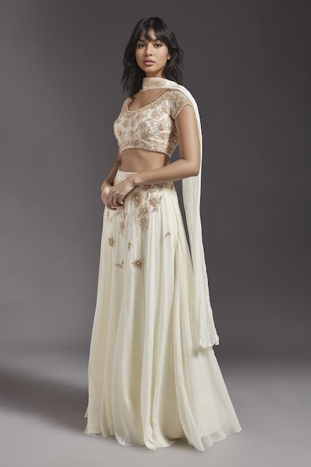 Maisolos Ivory Net, Georgette Embroidery Round Neck Scattered Floral Lehenga Blouse Set Online at Aza Fashions Maisolos_Ivory Net, Georgette Embroidery Round Neck Scattered Floral Lehenga Blouse Set _Online_at_Aza_Fashions