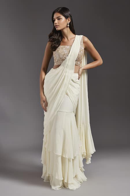 MAISOLOS Solid Ruffle Pre-Draped Saree With Blouse 