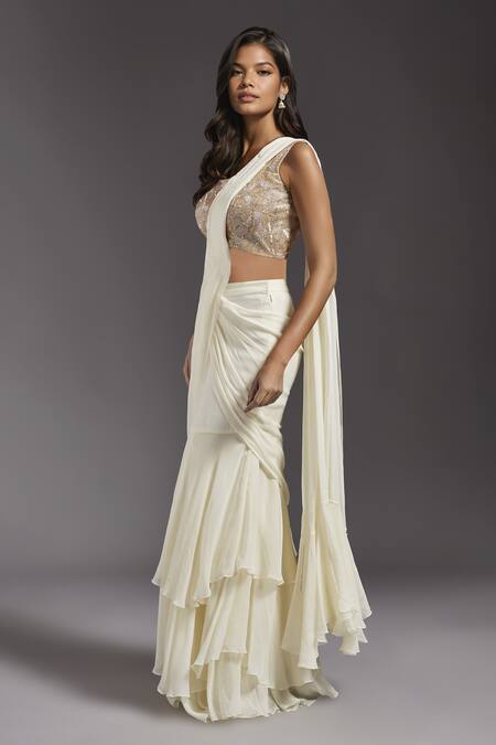 Maisolos_Ivory Georgette, Net Embroidery Square Solid Ruffle Pre-draped Saree With Blouse _Online_at_Aza_Fashions