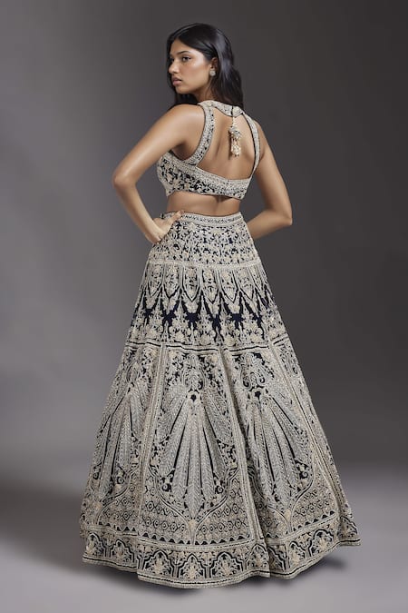 Shop Maisolos Blue Net Sequins, Beads High Neck Floral Veil Hand Embroidered Lehenga Set at Aza Fashions Shop_Maisolos_Blue Net Sequins, Beads High Neck Floral Veil Hand Embroidered Lehenga Set _at_Aza_Fashions