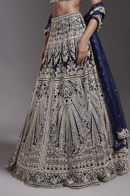 Maisolos Blue Net Sequins, Beads High Neck Floral Veil Hand Embroidered Lehenga Set Online at Aza Fashions Maisolos_Blue Net Sequins, Beads High Neck Floral Veil Hand Embroidered Lehenga Set _Online_at_Aza_Fashions