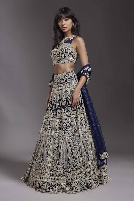 Buy Maisolos Blue Net Sequins, Beads High Neck Floral Veil Hand Embroidered Lehenga Set Online at Aza Fashions Buy_Maisolos_Blue Net Sequins, Beads High Neck Floral Veil Hand Embroidered Lehenga Set _Online_at_Aza_Fashions