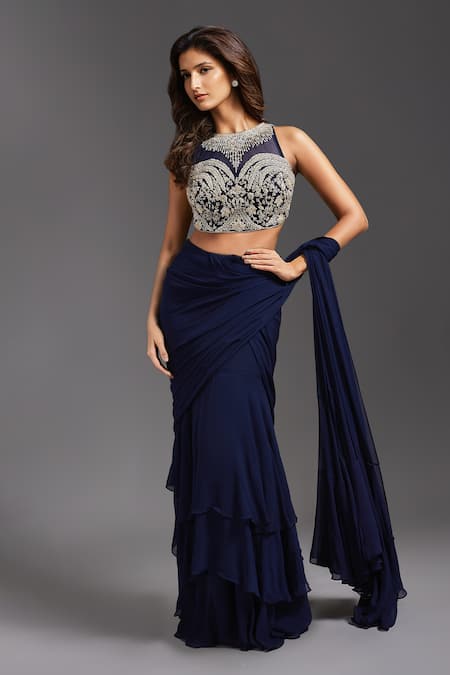 MAISOLOS Ruffle Pre-Draped Saree With Blouse 