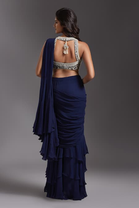 Shop Maisolos Blue Net, Georgette Beads, Sequins High Neck Ruffle Pre-draped Saree With Blouse at Aza Fashions Shop_Maisolos_Blue Net, Georgette Beads, Sequins High Neck Ruffle Pre-draped Saree With Blouse _at_Aza_Fashions