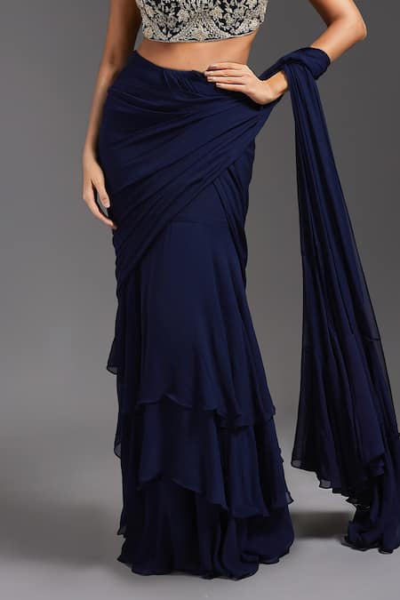Maisolos Blue Net, Georgette Beads, Sequins High Neck Ruffle Pre-draped Saree With Blouse Online at Aza Fashions Maisolos_Blue Net, Georgette Beads, Sequins High Neck Ruffle Pre-draped Saree With Blouse _Online_at_Aza_Fashions