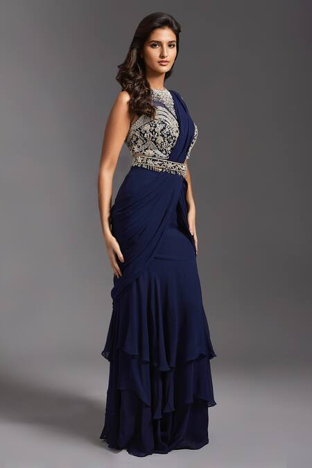 Buy Maisolos Blue Net, Georgette Beads, Sequins High Neck Ruffle Pre-draped Saree With Blouse Online at Aza Fashions Buy_Maisolos_Blue Net, Georgette Beads, Sequins High Neck Ruffle Pre-draped Saree With Blouse _Online_at_Aza_Fashions