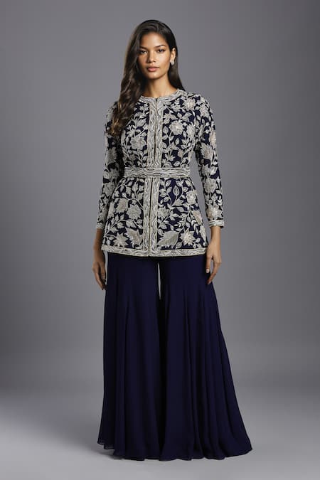 MAISOLOS Floral Hand Embroidered Peplum Jacket With Sharara 