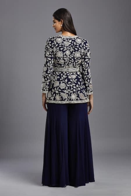 Shop Maisolos Blue Georgette Embroidery Round Neck Floral Hand Peplum Jacket With Sharara at Aza Fashions Shop_Maisolos_Blue Georgette Embroidery Round Neck Floral Hand Peplum Jacket With Sharara _at_Aza_Fashions