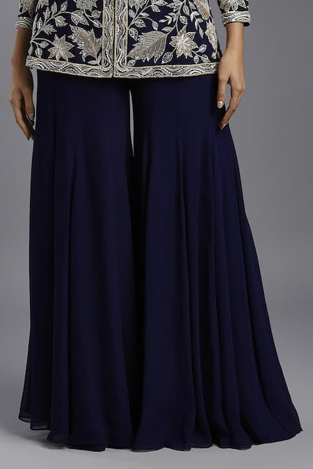 Maisolos Blue Georgette Embroidery Round Neck Floral Hand Peplum Jacket With Sharara Online at Aza Fashions Maisolos_Blue Georgette Embroidery Round Neck Floral Hand Peplum Jacket With Sharara _Online_at_Aza_Fashions