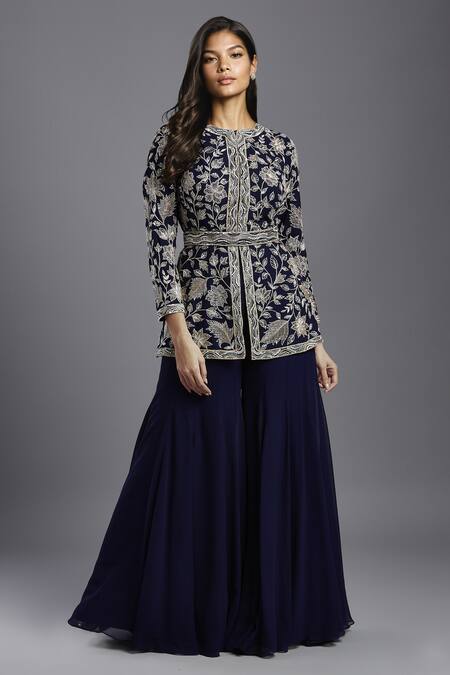 Buy Maisolos Blue Georgette Embroidery Round Neck Floral Hand Peplum Jacket With Sharara Online at Aza Fashions Buy_Maisolos_Blue Georgette Embroidery Round Neck Floral Hand Peplum Jacket With Sharara _Online_at_Aza_Fashions