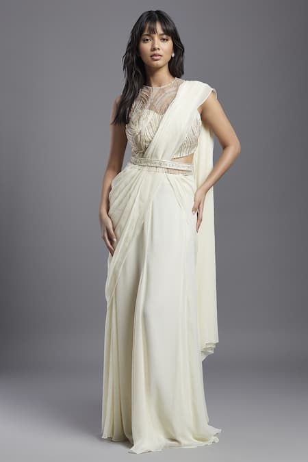 MAISOLOS Ivory Saree And Belt Georgette Hand Embroidered Bead Pre-draped With Blouse 