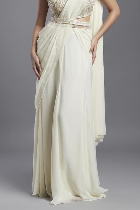 Maisolos Ivory Georgette, Net Beads, Embroidery, Sequins Pre-draped Saree With Blouse Online at Aza Fashions Maisolos_Ivory Georgette, Net Beads, Embroidery, Sequins Pre-draped Saree With Blouse _Online_at_Aza_Fashions