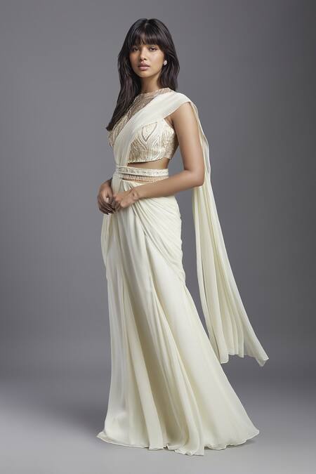 Buy Maisolos Ivory Georgette, Net Beads, Embroidery, Sequins Pre-draped Saree With Blouse Online at Aza Fashions Buy_Maisolos_Ivory Georgette, Net Beads, Embroidery, Sequins Pre-draped Saree With Blouse _Online_at_Aza_Fashions