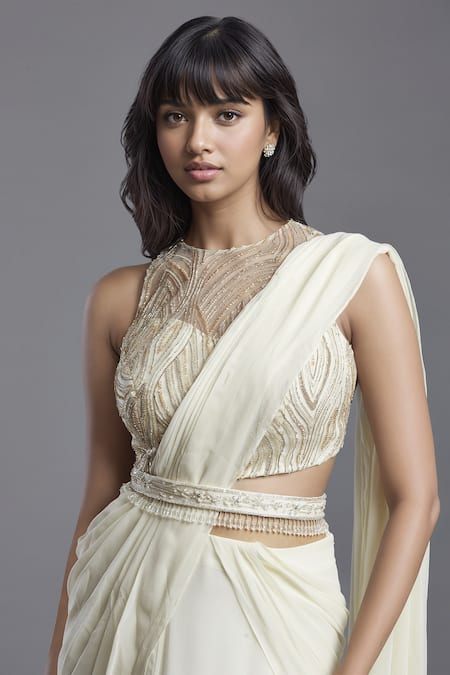 Shop Maisolos Ivory Georgette, Net Beads, Embroidery, Sequins Pre-draped Saree With Blouse Online at Aza Fashions Shop_Maisolos_Ivory Georgette, Net Beads, Embroidery, Sequins Pre-draped Saree With Blouse _Online_at_Aza_Fashions