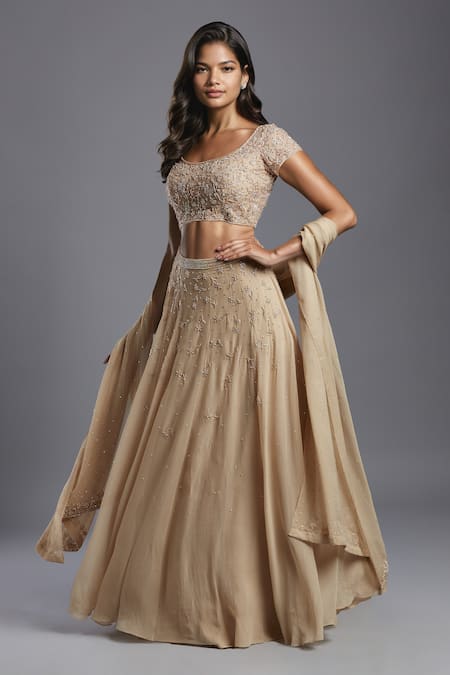 MAISOLOS Beige Lehenga And Dupatta Georgette Hand Embroidered Floral Veil Scattered Set 