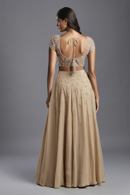 Shop Maisolos Beige Net, Georgette Beads, Embroidery Round Neck Scattered Floral Lehenga Set at Aza Fashions Shop_Maisolos_Beige Net, Georgette Beads, Embroidery Round Neck Scattered Floral Lehenga Set _at_Aza_Fashions