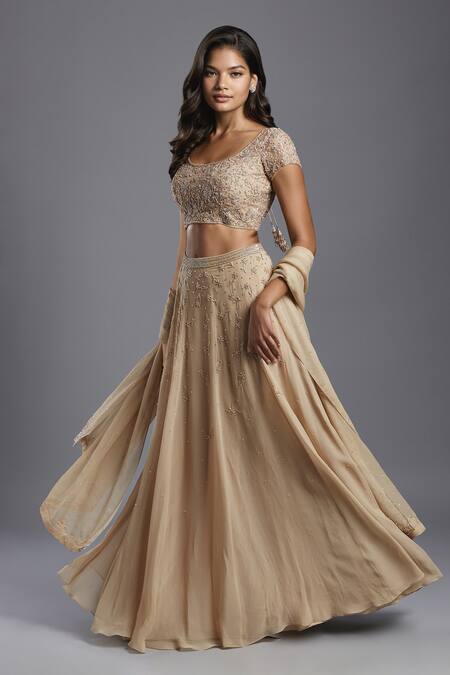 Buy Maisolos Beige Net, Georgette Beads, Embroidery Round Neck Scattered Floral Lehenga Set Online at Aza Fashions Buy_Maisolos_Beige Net, Georgette Beads, Embroidery Round Neck Scattered Floral Lehenga Set _Online_at_Aza_Fashions