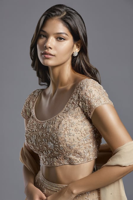 Shop Maisolos Beige Net, Georgette Beads, Embroidery Round Neck Scattered Floral Lehenga Set Online at Aza Fashions Shop_Maisolos_Beige Net, Georgette Beads, Embroidery Round Neck Scattered Floral Lehenga Set _Online_at_Aza_Fashions