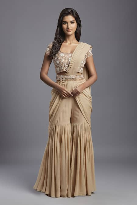 MAISOLOS Beige Net Hand Embroidered Floral Solid Pre-draped Sharara Saree With Blouse 