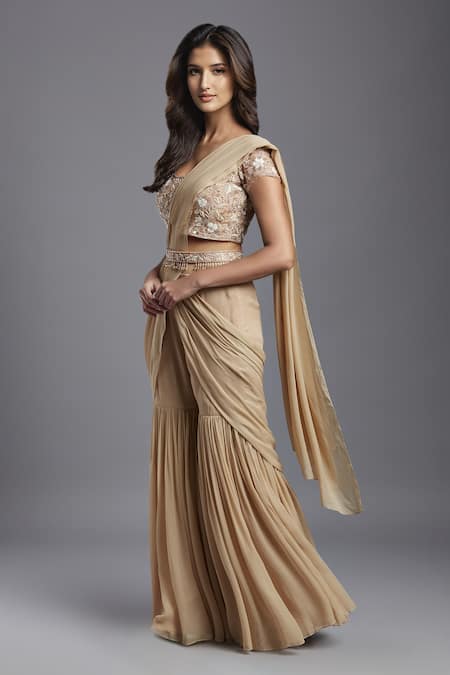 Maisolos_Beige Net, Georgette Beads, Solid Pre-draped Sharara Saree With Blouse _Online_at_Aza_Fashions